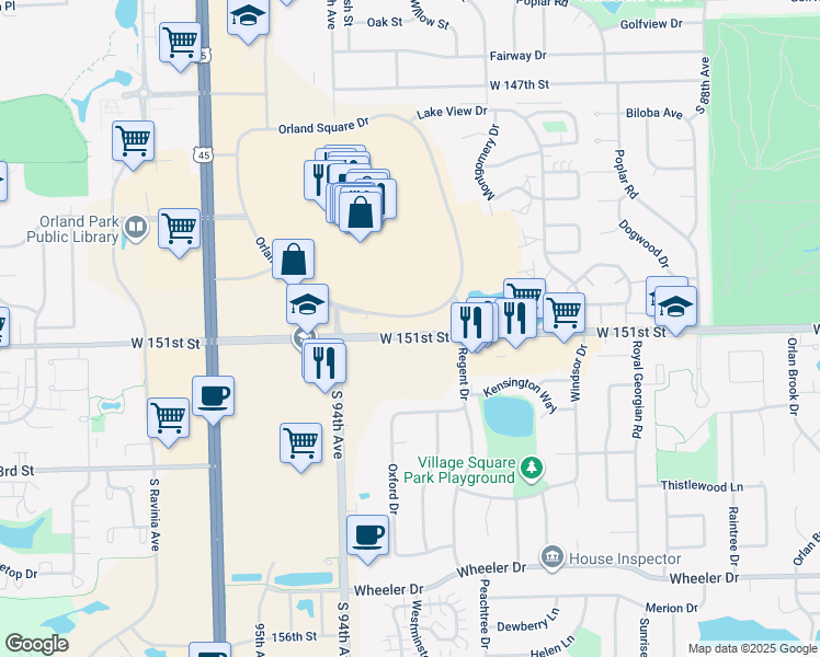 map of restaurants, bars, coffee shops, grocery stores, and more near 9201-9399 West 151st Street in Orland Park