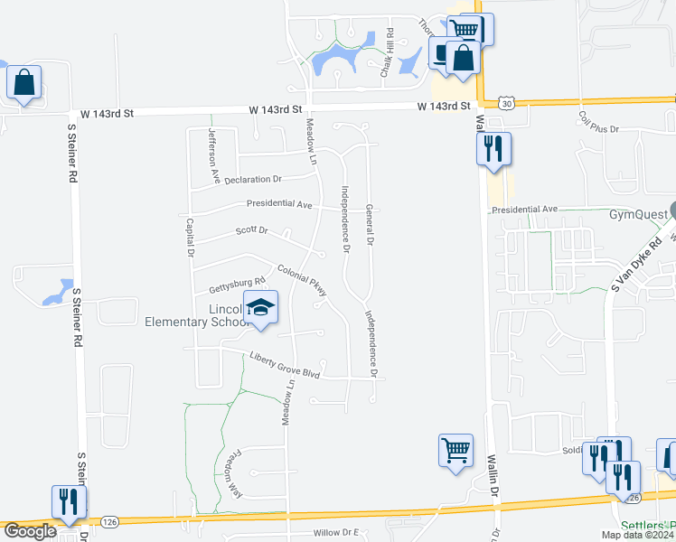 map of restaurants, bars, coffee shops, grocery stores, and more near 14612 Independence Drive in Plainfield