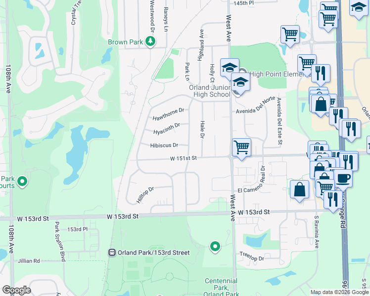 map of restaurants, bars, coffee shops, grocery stores, and more near 15056 Highland Avenue in Orland Park