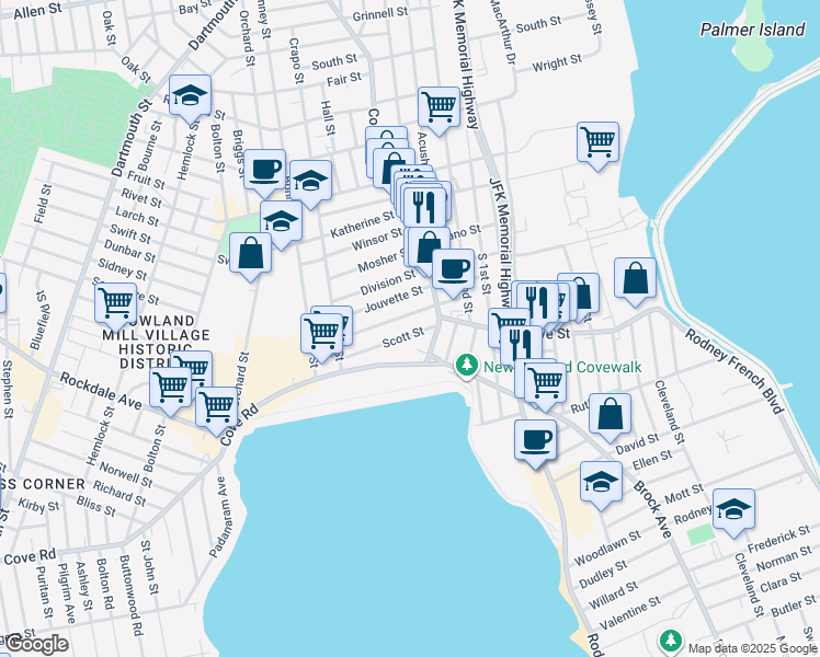 map of restaurants, bars, coffee shops, grocery stores, and more near 27 County Street in New Bedford