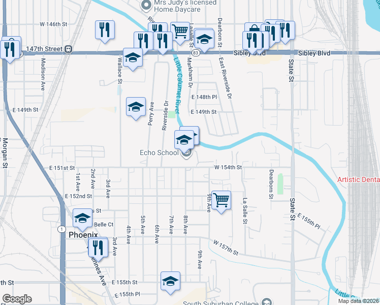 map of restaurants, bars, coffee shops, grocery stores, and more near 350 West 154th Street in South Holland
