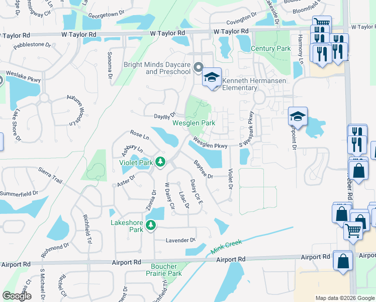 map of restaurants, bars, coffee shops, grocery stores, and more near 1586 Baytree Drive in Romeoville