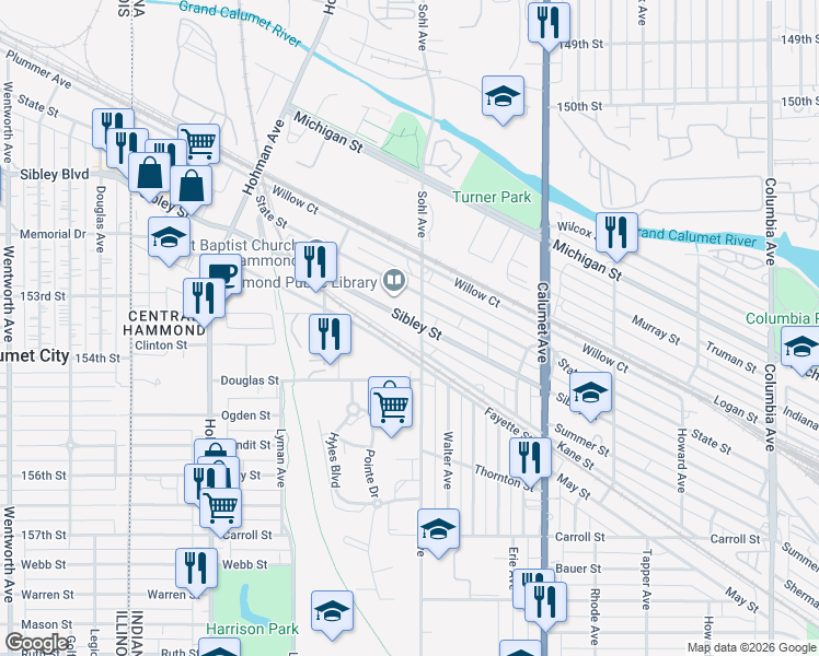 map of restaurants, bars, coffee shops, grocery stores, and more near 565-599 Fayette St in Hammond