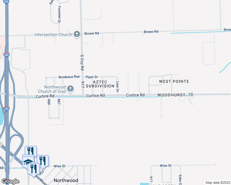 map of restaurants, bars, coffee shops, grocery stores, and more near 1968 Lear Drive in Northwood