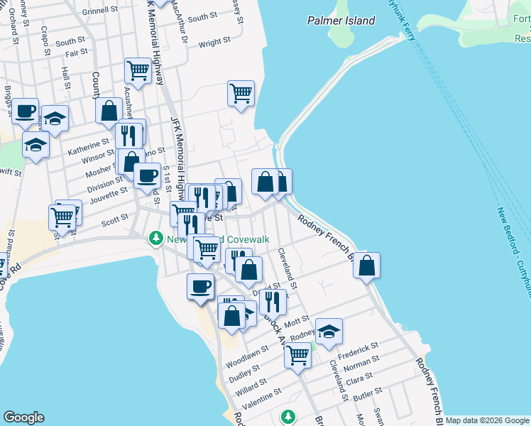 map of restaurants, bars, coffee shops, grocery stores, and more near 13 Cleveland Street in New Bedford
