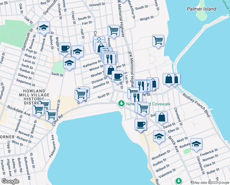 map of restaurants, bars, coffee shops, grocery stores, and more near 24 Margin Street in New Bedford