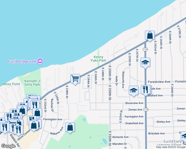map of restaurants, bars, coffee shops, grocery stores, and more near 241 East 246th Street in Euclid