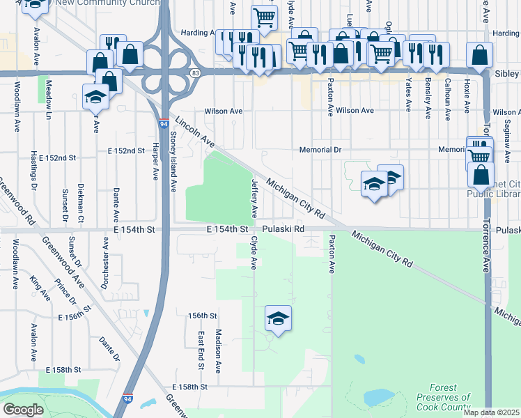 map of restaurants, bars, coffee shops, grocery stores, and more near 673 Jeffery Avenue in Calumet City