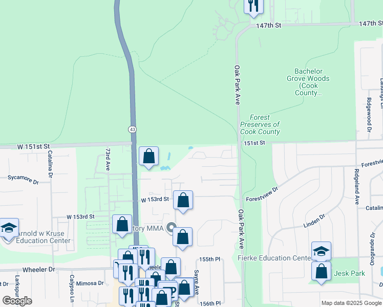 map of restaurants, bars, coffee shops, grocery stores, and more near 6880 Winding Trail in Oak Forest