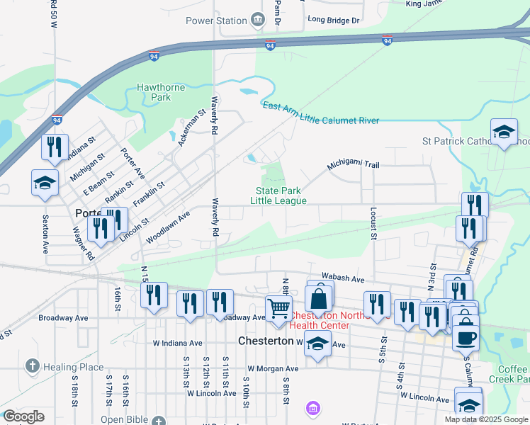 map of restaurants, bars, coffee shops, grocery stores, and more near 835 Woodlawn Avenue in Chesterton