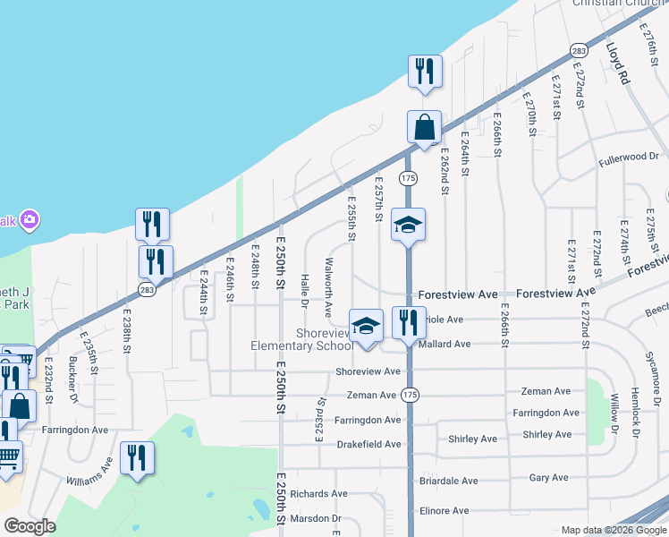 map of restaurants, bars, coffee shops, grocery stores, and more near 337 Walworth Avenue in Euclid