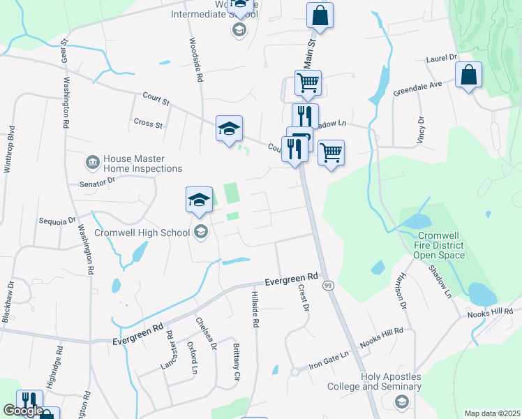 map of restaurants, bars, coffee shops, grocery stores, and more near 2 Rosewood Lane in Cromwell