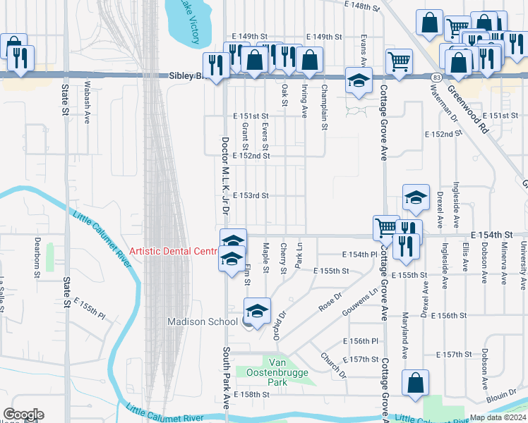 map of restaurants, bars, coffee shops, grocery stores, and more near 15331 Evers Street in Dolton