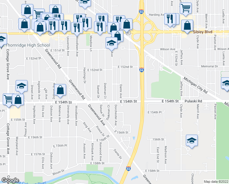 map of restaurants, bars, coffee shops, grocery stores, and more near 15321 Dorchester Avenue in Dolton