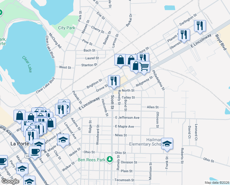 map of restaurants, bars, coffee shops, grocery stores, and more near 100-198 Talley St in La Porte