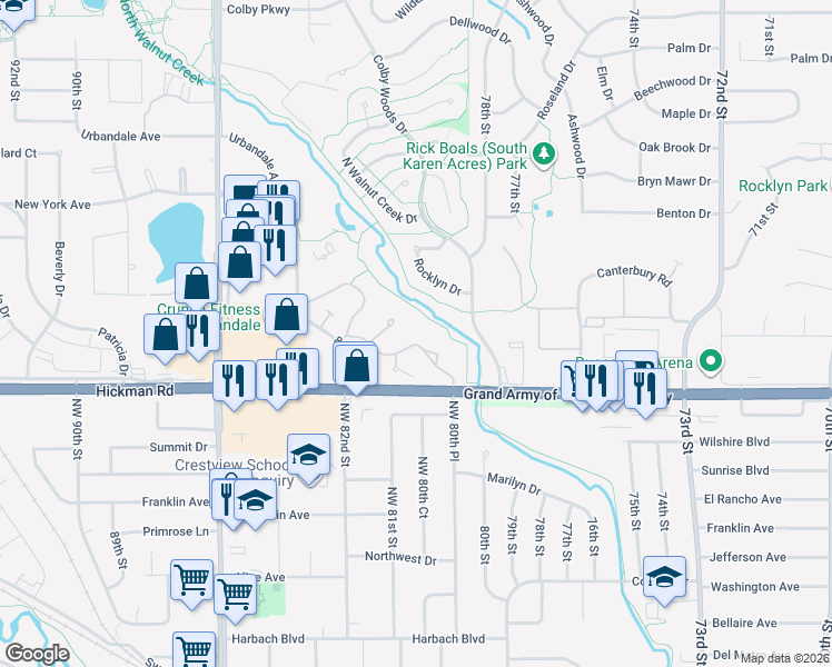 map of restaurants, bars, coffee shops, grocery stores, and more near 8080 Cobblestone Road in Urbandale