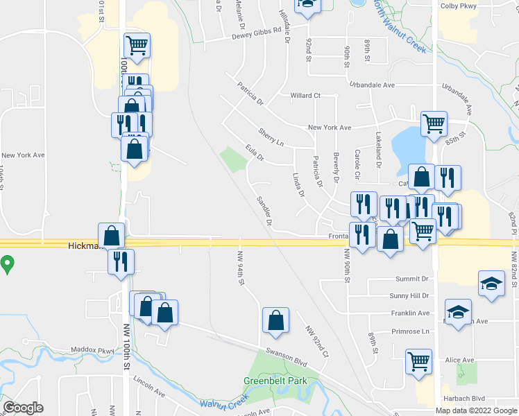 map of restaurants, bars, coffee shops, grocery stores, and more near 2422 Sandler Drive in Urbandale