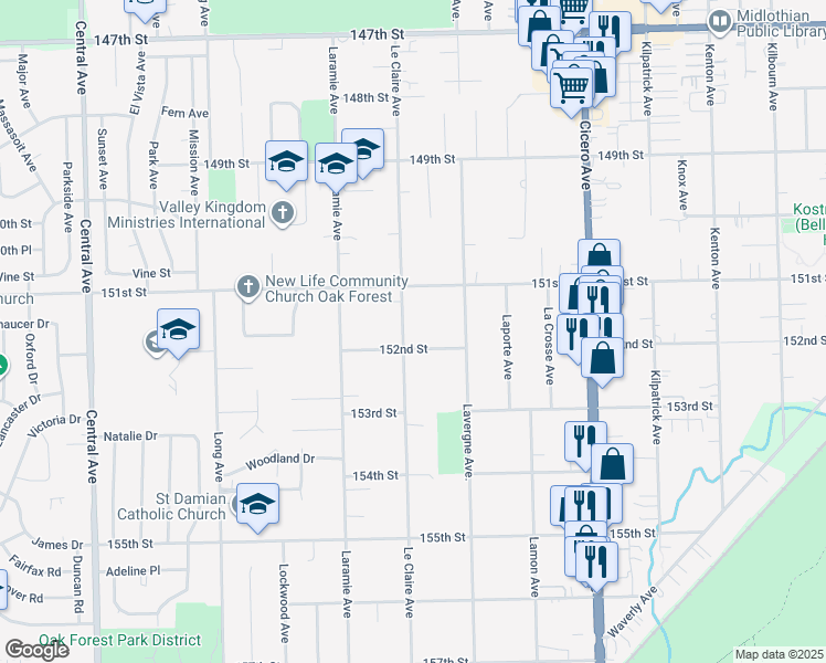 map of restaurants, bars, coffee shops, grocery stores, and more near 15139 Le Claire Avenue in Oak Forest