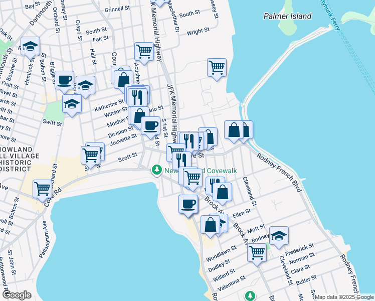 map of restaurants, bars, coffee shops, grocery stores, and more near 118 Cove Street in New Bedford
