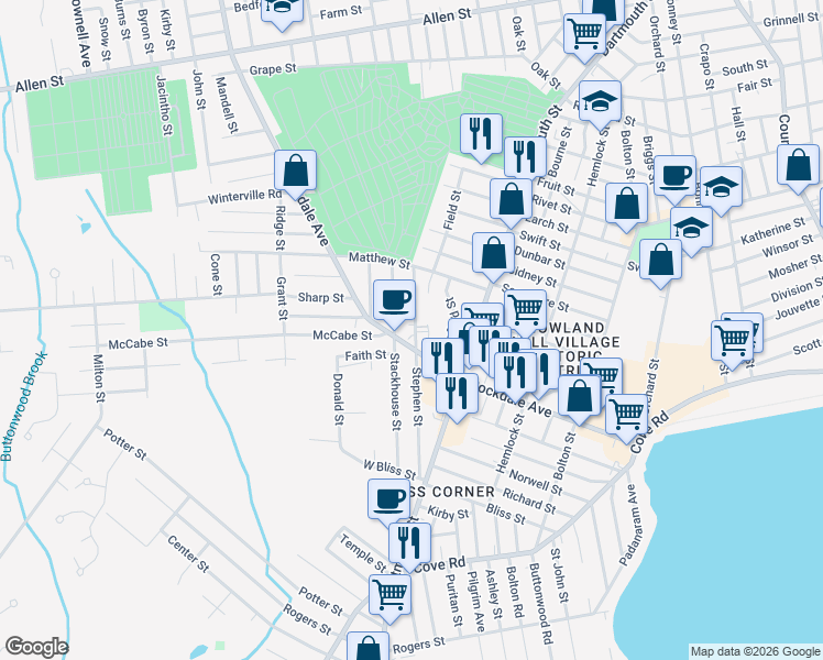 map of restaurants, bars, coffee shops, grocery stores, and more near 204 Rockdale Avenue in New Bedford