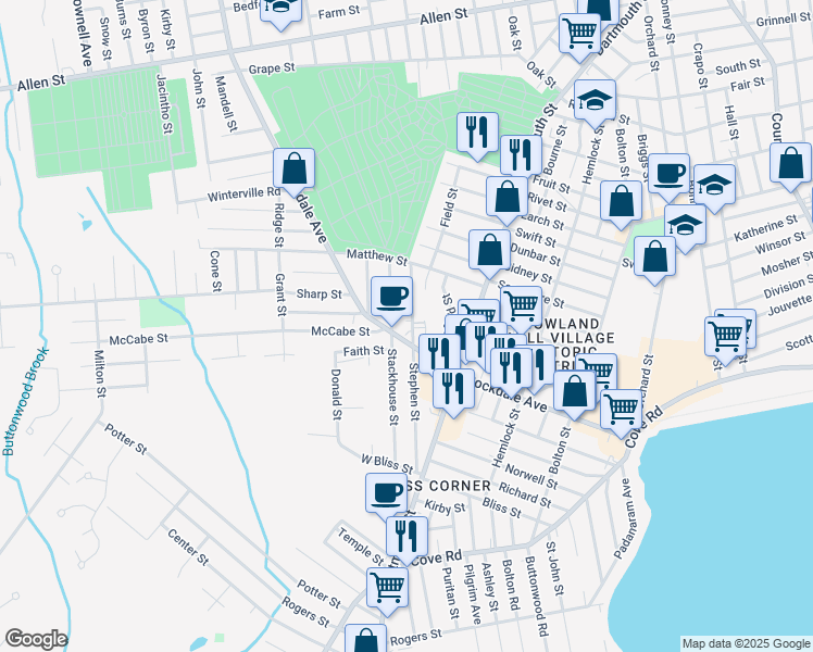 map of restaurants, bars, coffee shops, grocery stores, and more near 204 Rockdale Avenue in New Bedford