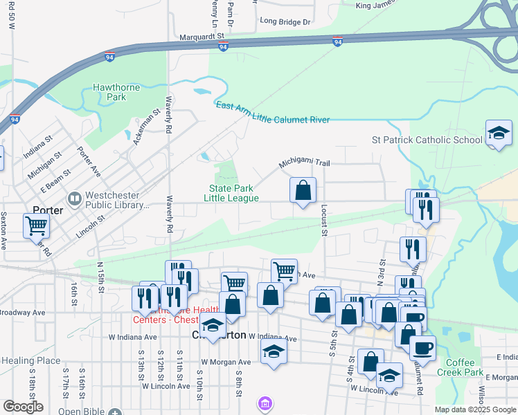 map of restaurants, bars, coffee shops, grocery stores, and more near 702 Carla Drive in Chesterton