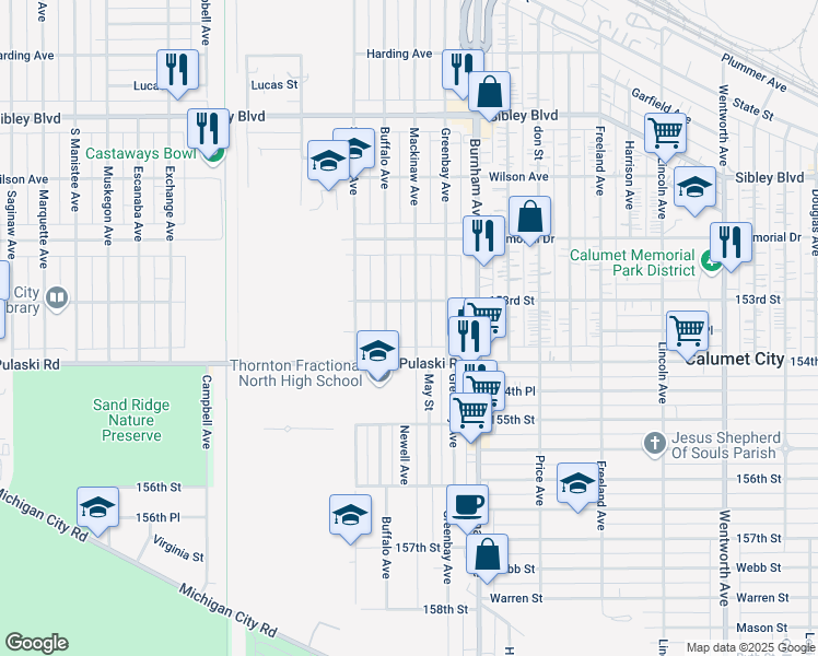 map of restaurants, bars, coffee shops, grocery stores, and more near 667 Buffalo Avenue in Calumet City