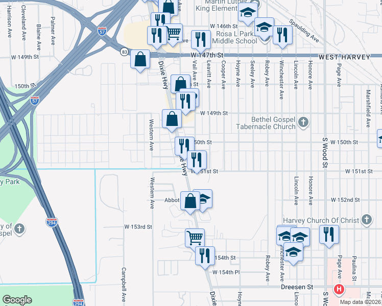 map of restaurants, bars, coffee shops, grocery stores, and more near 15034 Vail Avenue in Harvey