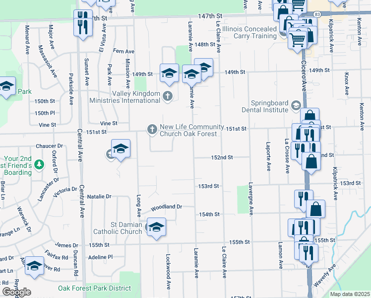 map of restaurants, bars, coffee shops, grocery stores, and more near 15140 Laramie Avenue in Oak Forest