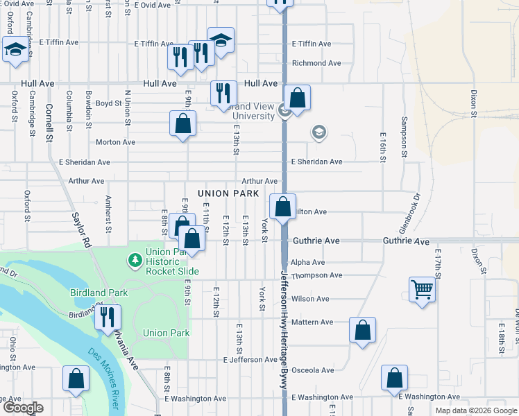 map of restaurants, bars, coffee shops, grocery stores, and more near 2327 York Street in Des Moines