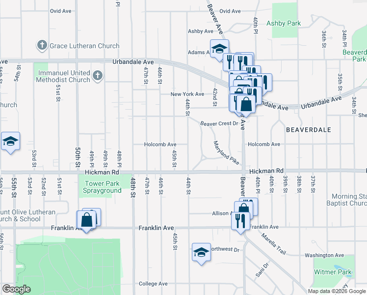 map of restaurants, bars, coffee shops, grocery stores, and more near 2402 44th Street in Des Moines