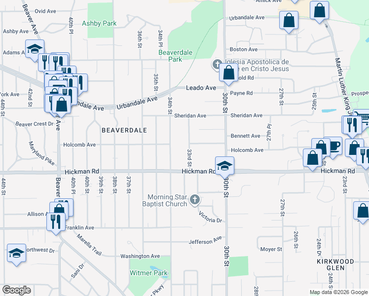 map of restaurants, bars, coffee shops, grocery stores, and more near 2323 33rd Street in Des Moines