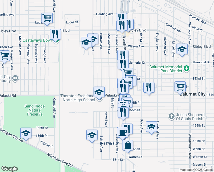 map of restaurants, bars, coffee shops, grocery stores, and more near 667 Buffalo Avenue in Calumet City
