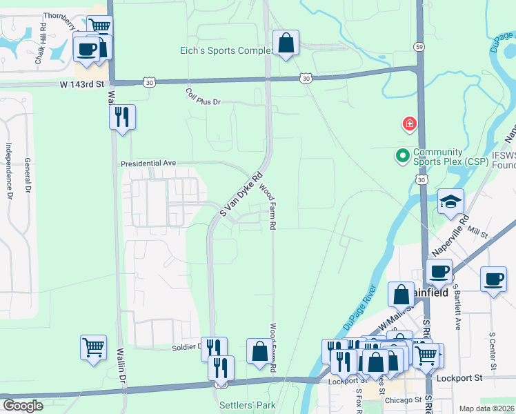 map of restaurants, bars, coffee shops, grocery stores, and more near 14642 Paul Revere Lane in Plainfield