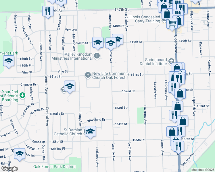 map of restaurants, bars, coffee shops, grocery stores, and more near 15140 Laramie Avenue in Oak Forest