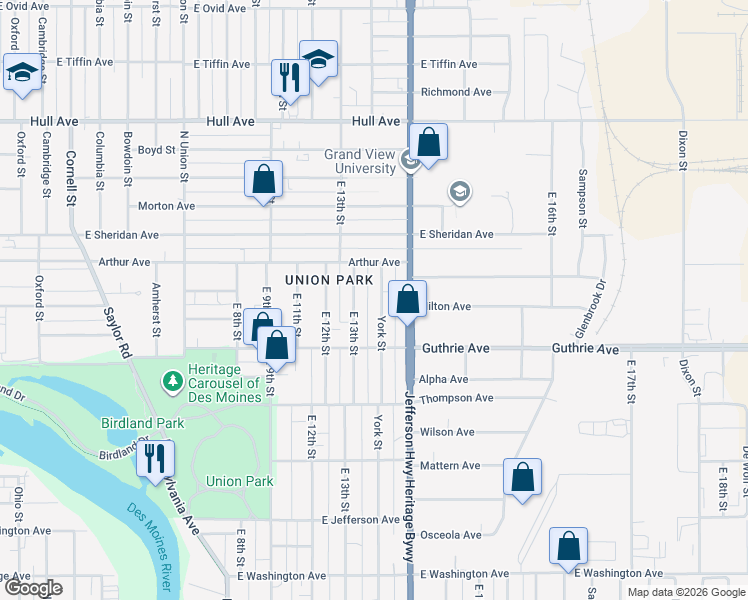 map of restaurants, bars, coffee shops, grocery stores, and more near 2327 York Street in Des Moines