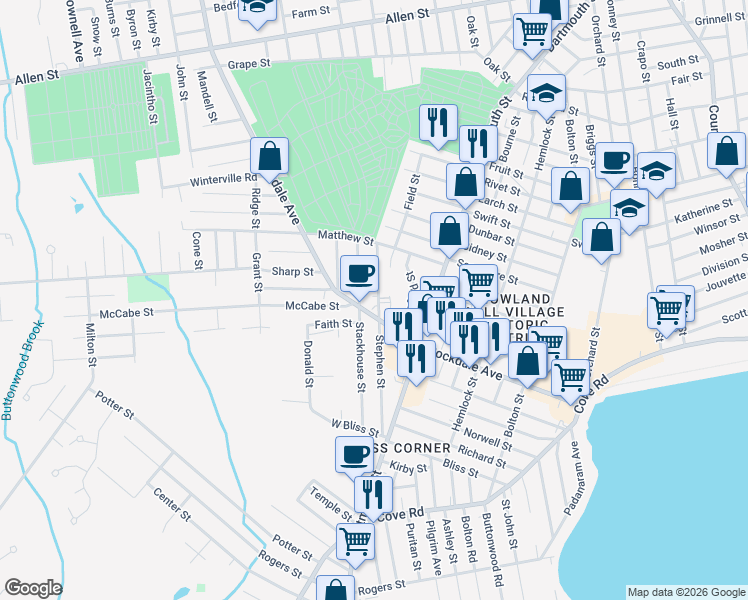 map of restaurants, bars, coffee shops, grocery stores, and more near 204 Rockdale Avenue in New Bedford