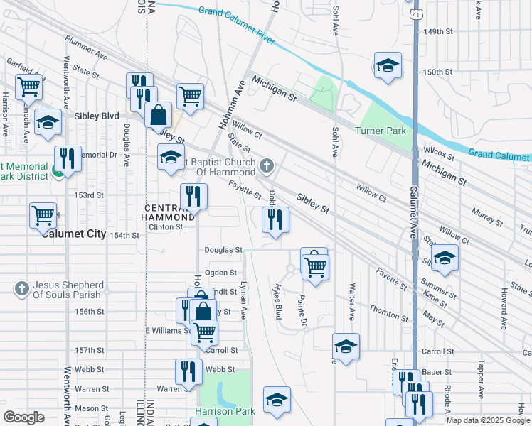 map of restaurants, bars, coffee shops, grocery stores, and more near 5355 Oakley Avenue in Hammond