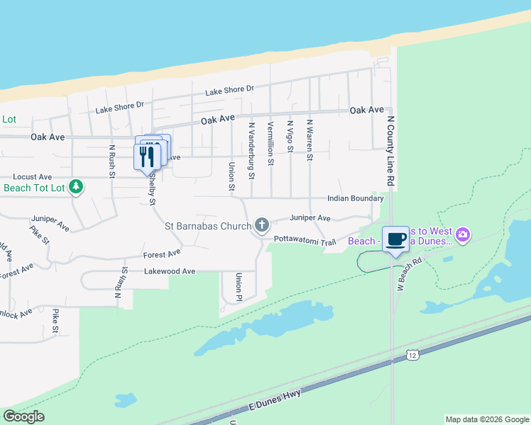 map of restaurants, bars, coffee shops, grocery stores, and more near 8948 Juniper Avenue in Gary