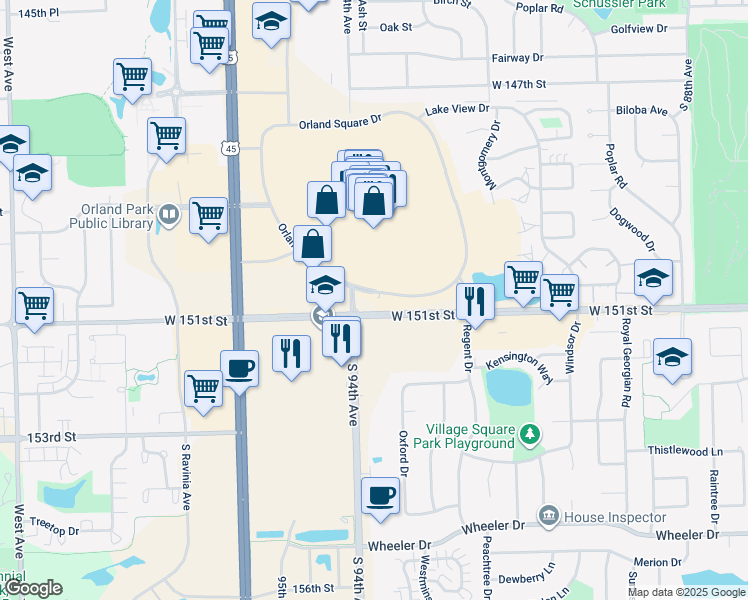 map of restaurants, bars, coffee shops, grocery stores, and more near 50 Orland Square Drive in Orland Park