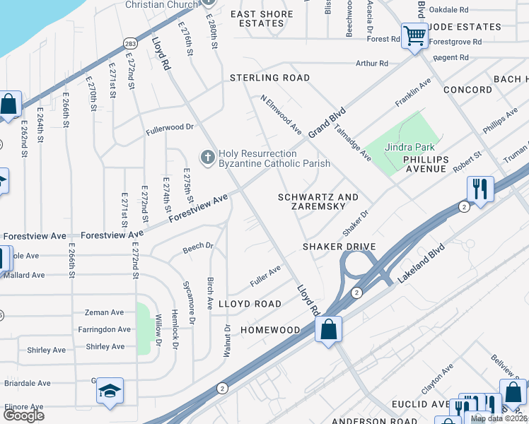 map of restaurants, bars, coffee shops, grocery stores, and more near 852 Lloyd Road in Wickliffe
