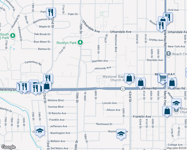 map of restaurants, bars, coffee shops, grocery stores, and more near 6820 Holcomb Avenue in Urbandale