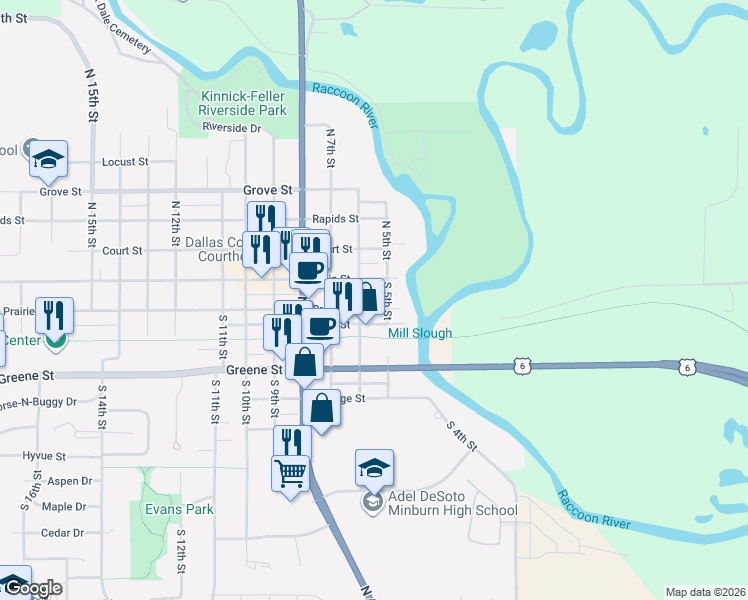 map of restaurants, bars, coffee shops, grocery stores, and more near 505 Prairie Street in Adel