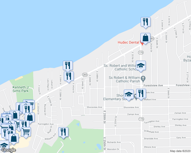 map of restaurants, bars, coffee shops, grocery stores, and more near 242 East 248th Street in Euclid