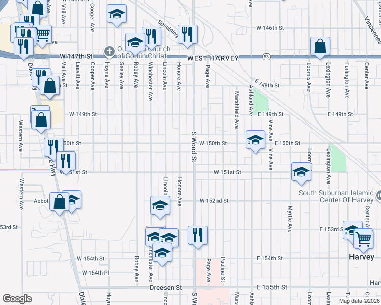 map of restaurants, bars, coffee shops, grocery stores, and more near 15014 South Wood Street in Harvey