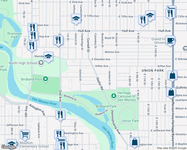 map of restaurants, bars, coffee shops, grocery stores, and more near 409 East Holcomb Avenue in Des Moines
