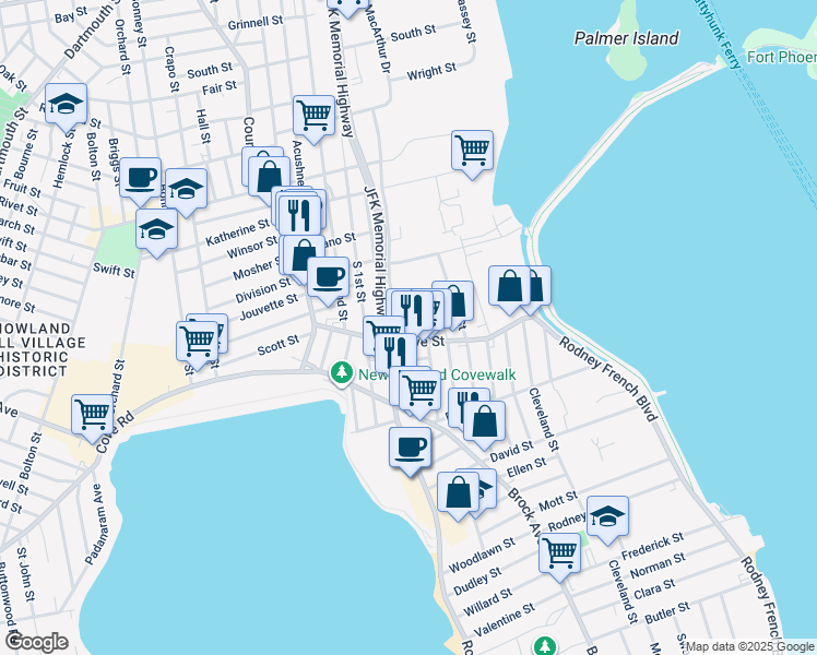 map of restaurants, bars, coffee shops, grocery stores, and more near 118 Cove Street in New Bedford