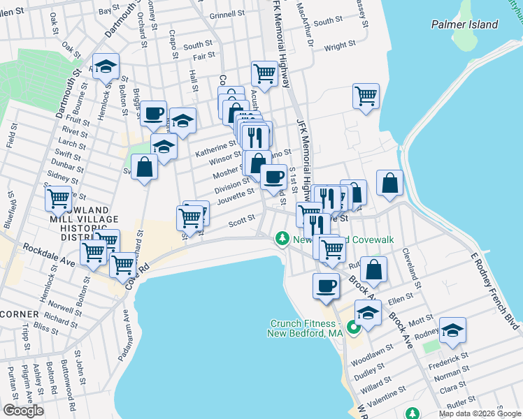 map of restaurants, bars, coffee shops, grocery stores, and more near 27 County Street in New Bedford