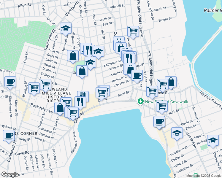 map of restaurants, bars, coffee shops, grocery stores, and more near 100 Nelson Street in New Bedford