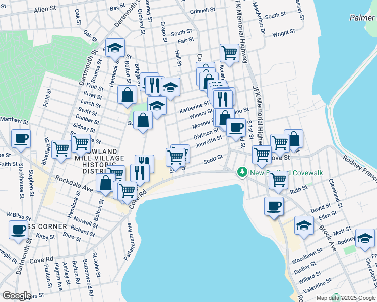 map of restaurants, bars, coffee shops, grocery stores, and more near 100 Nelson Street in New Bedford